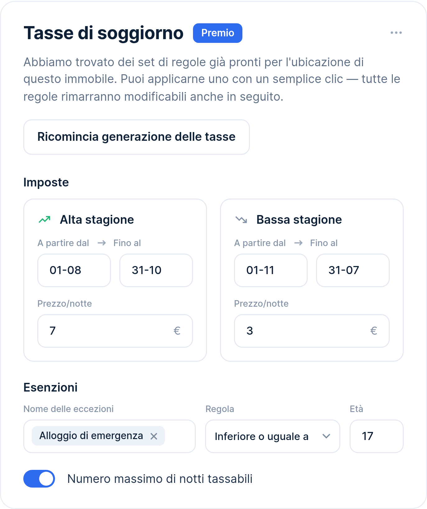 Schermata Chekin per il calcolo e la gestione della tassa di soggiorno