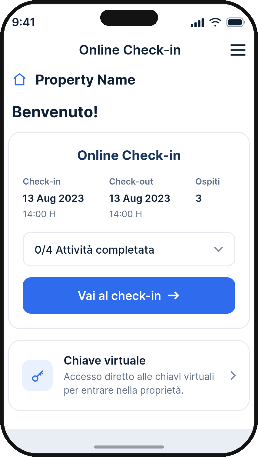 Check-in online di Chekin visualizzato sullo smartphone di un ospite